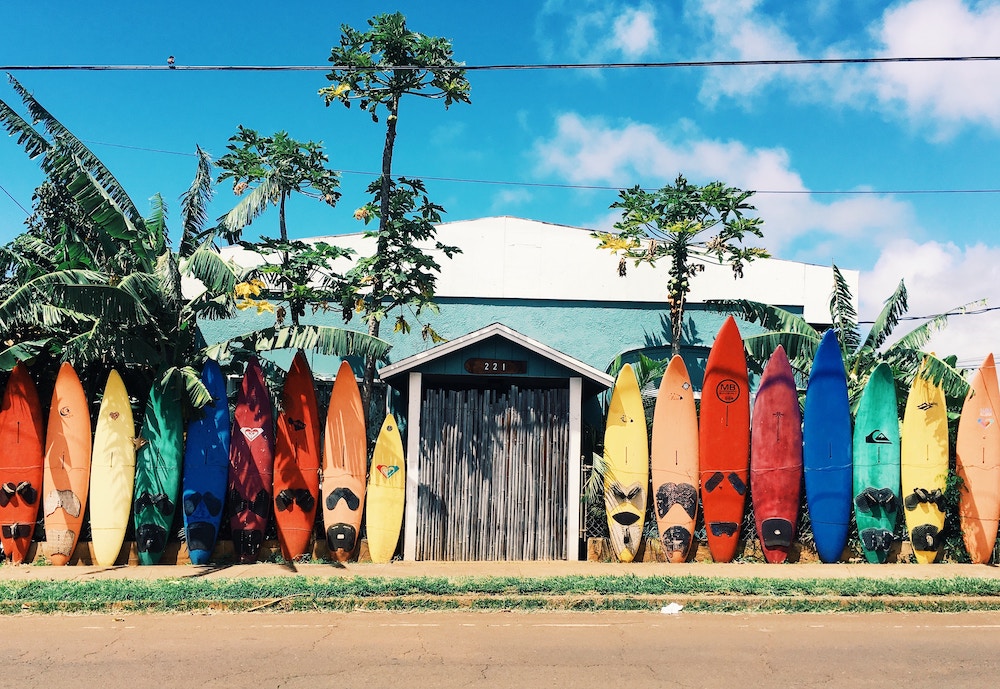 Surfboards of all a rainbow of colors leaning against a fence with trees and a house in the background.