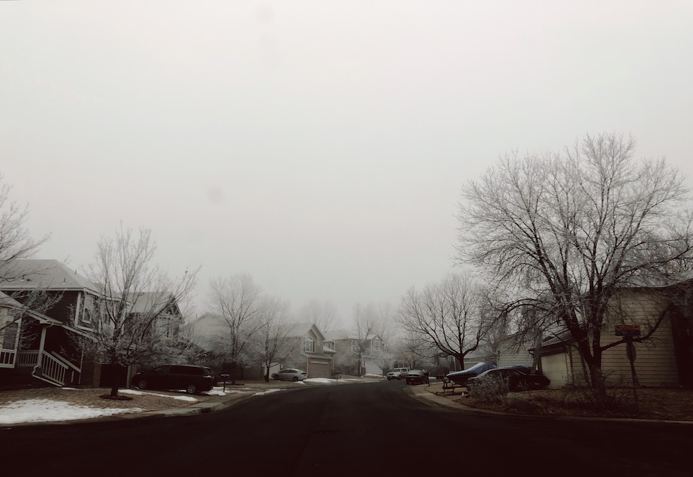 A neighborhood street coated in fog.